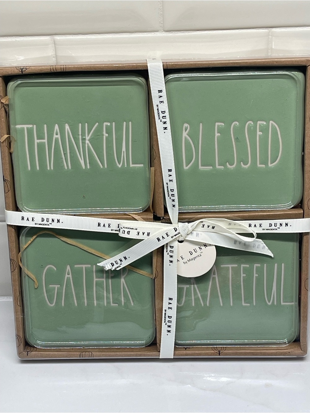 Rae Dunn Green Ceramic Coaster Set - Thankful, Blessed, Gather, Grateful NIB